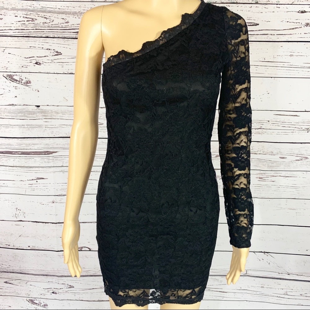Charlotte Russe Black Lace One Shoulder Mini Dress Small - Picture 2 of 7